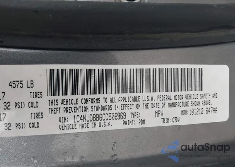 2012 Jeep Compass Sport from USA, damaged, VIN 1C4NJDBB6CD506969